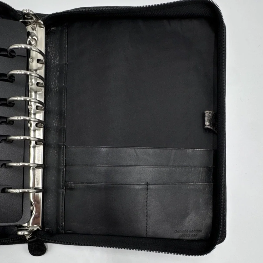 Black Woven Leather Zip Binder Planner Organizer 6 Ring Portfolio Card Slots